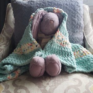 Handmade Crochet Baby Blanket - Seafoam & Confetti Stripes